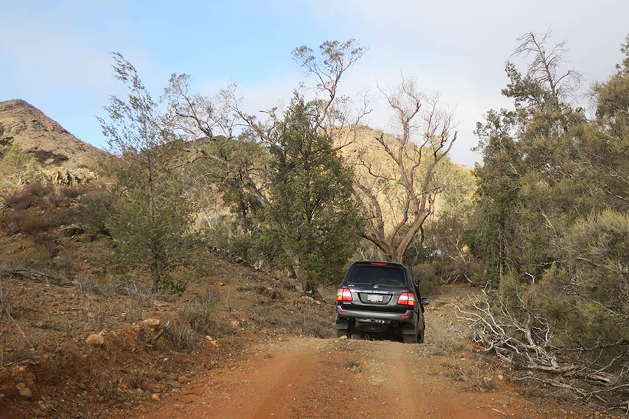 A car driving alone a narrow 4WWd track with hills in the background.