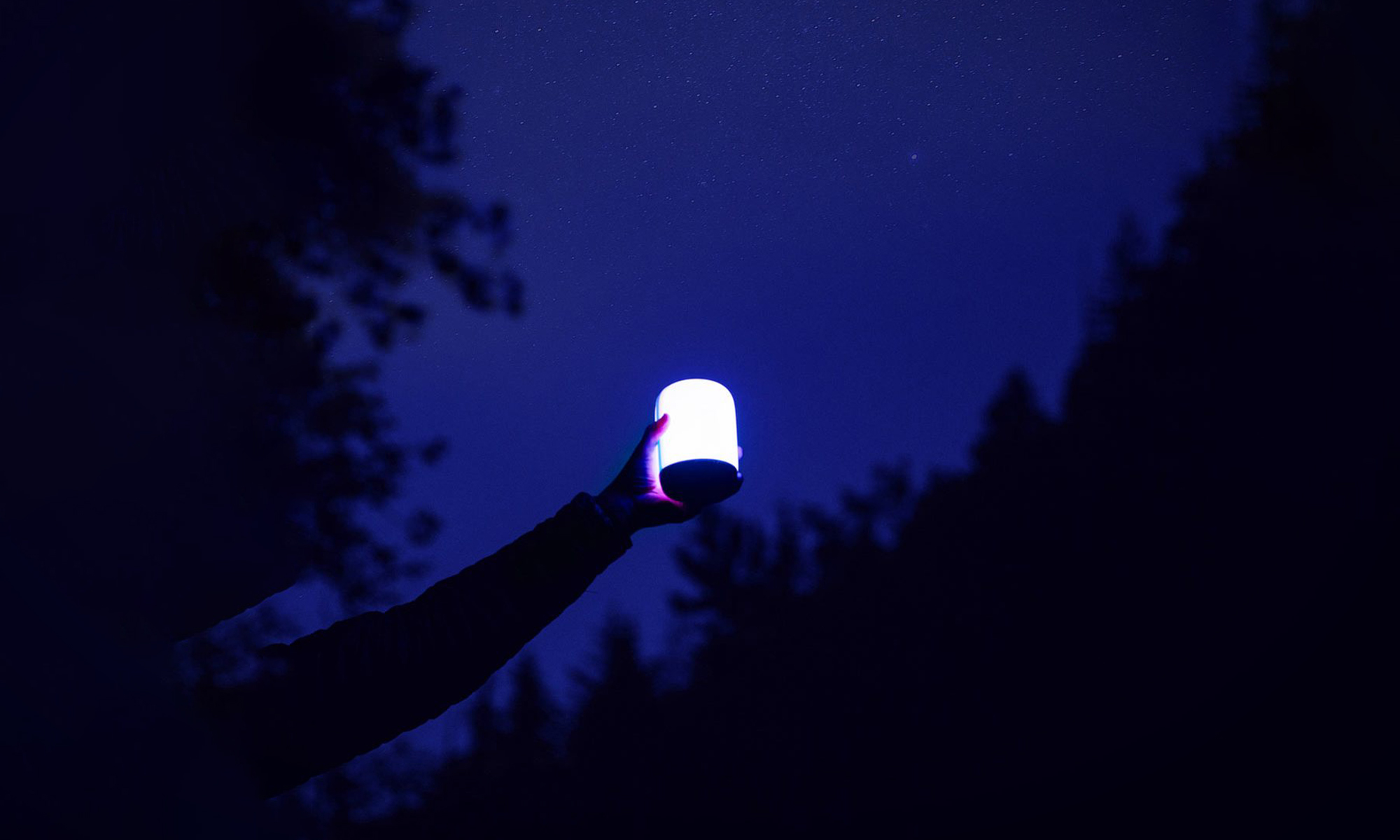 Hand holding a lantern against a deep blue nightime sky