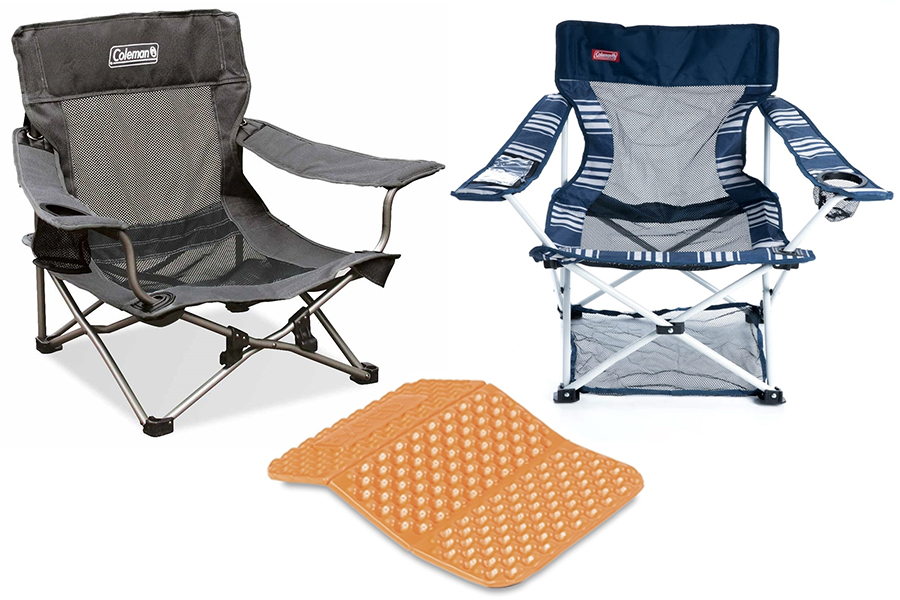 Left to Right: Coleman Deluxe Mesh Event Chair, Exped Sit Pad Flex, and OZtrail Festival Arm Chair