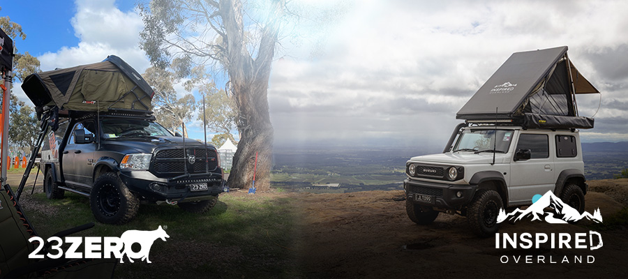 Image showing 23ero and Inspired Overland rooftop tent brand logos.