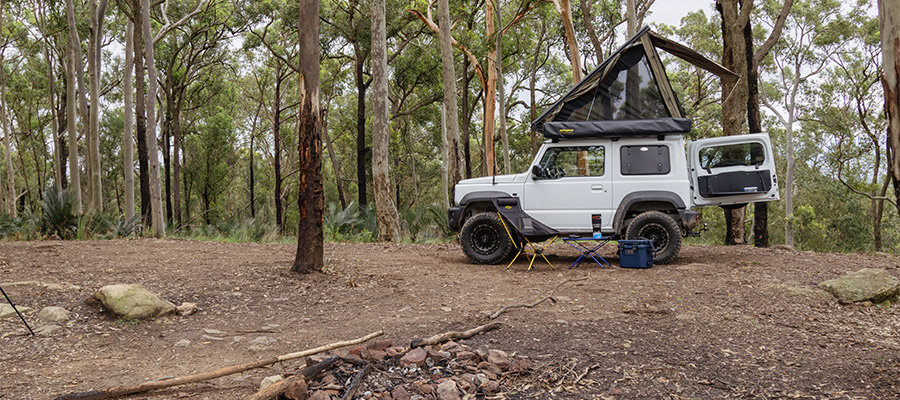 Suzuki Jimny with an Inspired Overland rooftop tent in an Australian bush setting