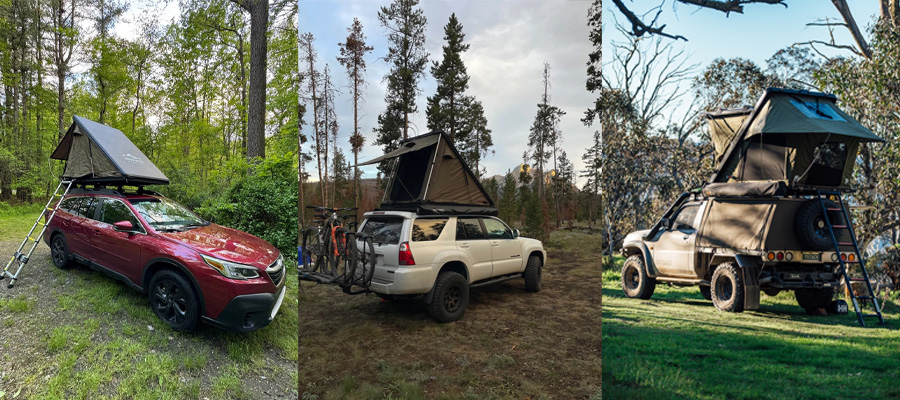Image showing three rooftop tent use styles, on an everyday commuter cart, on an SUV and on a heavy duty 4wd